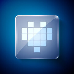 White Pixel hearts for game icon isolated on blue background. Square glass panels. Vector.