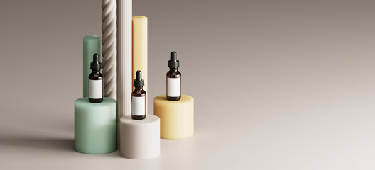 Minimal mockup background for product presentation. Essential oil bottle on podium, craft spiral and fluted tube. 3d rendering illustration. Clipping path of each element included.  