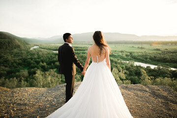 Wedding couple holding hands, groom and bride together on wedding day