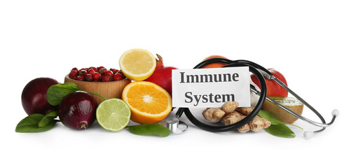 Set of natural products and card with text Immune System on white background