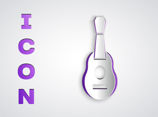 Paper cut Guitar icon isolated on grey background. Acoustic guitar. String musical instrument. Paper art style. Vector.