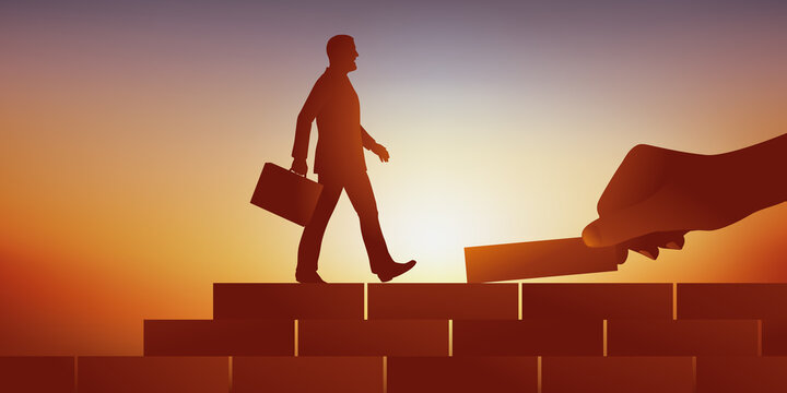 Concept de l&rsquo;aide d&rsquo;un partenaire au d&eacute;veloppement d&rsquo;une entreprise avec un homme qui monte un escalier et une main qui symboliquement lui ajoute des marches.