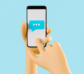 Phone in hand. Blue message on phone screen. Social media. Mockup. 3d rendering. 3d illustration. 3d hand - 404897948