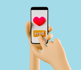 Phone in hand. Romantic message on phone screen. Social media. Mockup. 3d rendering. 3d illustration. 3d hand - 404897989