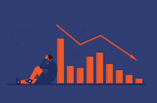 Stock market crash. Investor lost money. Young shareholder sitting on the floor with index graph fall down. The broader market fall. Economic and financial crisis. Vector illustration.