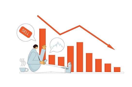 Stock market crash. Investor lost money. Young shareholder sitting on the floor with index graph fall down. The broader market fall. Economic and financial crisis. Vector illustration.
