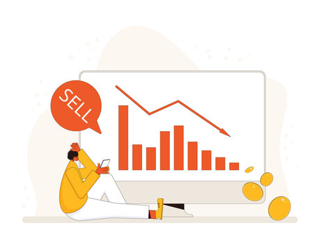man with sell speech bubble, falling graph clip art preview