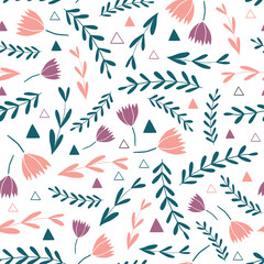 Vector repeat pattern with hand drawn flowers, branches and little triangles on white background