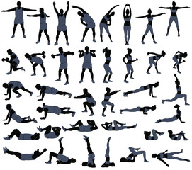 Set of vector silhouettes of man and woman in costume doing fitness, sport and yoga workout isolated on white background.  Icons of sportive boy and girl practicing exercises in different positions.