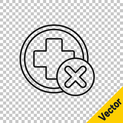 Black line Cross hospital medical icon isolated on transparent background. First aid. Diagnostics symbol. Medicine and pharmacy sign. Vector Illustration.