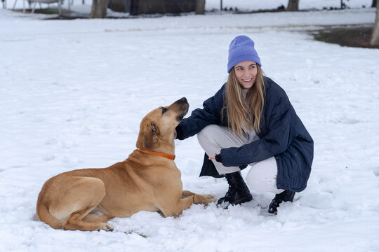 Girl with her dog in the snow