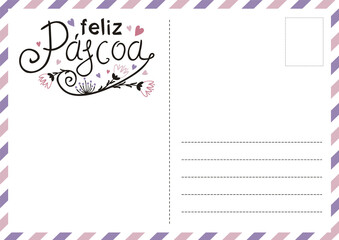 Portuguese Happy Easter postcard with flowers and hearts. Cute greeting card. Hand drawn airmail envelope. Vector illustration for Portugal. Translation: Happy Easter