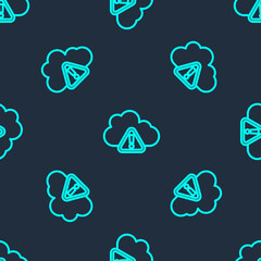 Green line Storm warning icon isolated seamless pattern on blue background. Exclamation mark in triangle symbol. Weather icon of storm. Vector.