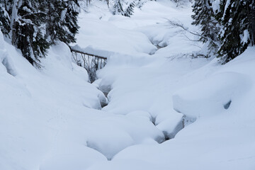 un torrente in montagna circondato da cumuli di neve arrotondati creano un ambiente morbido e luminoso, la neve si accumula sulle pietre ai lati di un torrente