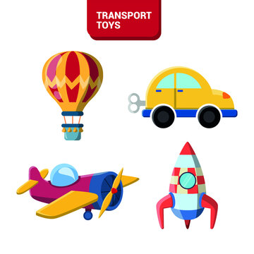 Vector image. Collection of drawings of toys for children. Transport toys. A rocket, air balloon, a car, an airplane.