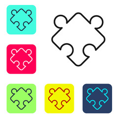 Black line Puzzle pieces toy icon isolated on white background. Set icons in color square buttons. Vector.