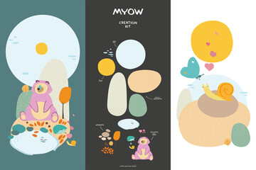 MYOW make your own world - creation kit - fantastic background elements and cute animals for vector illustration