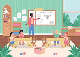 Anatomy class in preschool flat color vector illustration. Biology curriculum for children. Kindergarten teacher with children 2D cartoon characters with kindergarten classroom on background