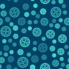 Green line Casino roulette wheel icon isolated seamless pattern on blue background. Vector.