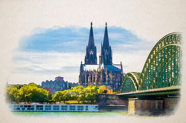 Watercolor drawing of Cologne cityscape of historical city centre with Cologne Cathedral Roman Catholic Church of Saint Peter gothic style building - obrazy, fototapety, plakaty