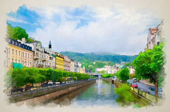 Watercolor drawing of Karlovy Vary Karlsbad historical city centre with Tepla river central embankment, colorful beautiful buildings