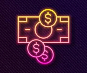Glowing neon line Stacks paper money cash and coin money with dollar symbol icon isolated on black background. Money banknotes stacks. Vector.