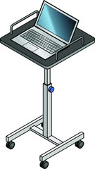 A laptop on a height-adjustable cart.