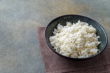 Bowl of boiled rice with copy space