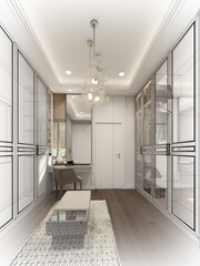 sketch design of interiorwalk-in closet,3d rendering