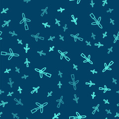 Green line Wind turbine icon isolated seamless pattern on blue background. Wind generator sign. Windmill for electric power production. Vector.