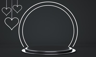 Valentine's Day interior with pedestal, hearts. Stand, podium, pedestal for goods. Love greeting card. 3d