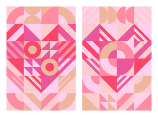Abstract background pink heart geometric, Scandinavian style art. Concept idea Valentine’s day pattern design for cards, posters, flyers, brochures, covers, website, wallpaper. Vector illustration.