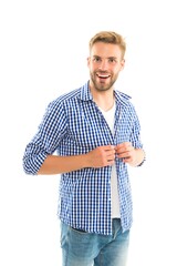 his perfect style. casual male fashion style. unshaven guy has groomed hair isolated on white background. hairdresser service concept. skin and hair care. handsome young man wear checkered shirt