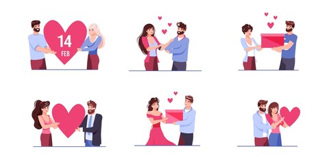 Set of vector cartoon flat characters couples.Young people in love,happy man woman give hearts,gifts-saint Valentine Day postcard,greeting card design,web online banner decor,love metaphor concept