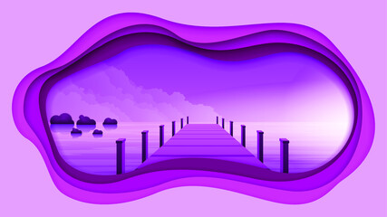 Abstract Paper Cut Purple Background With Water Sky Sun Mountains Clouds Grass Vector Design Style