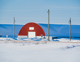 Potato storage warehouses in rural Prince Edward Island, Canada.