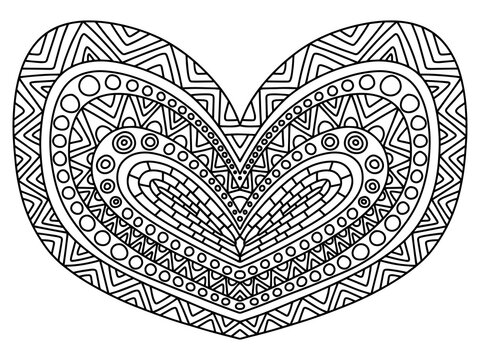 Valentine day ornamental heart zen art coloring page vector. Happy Valentine's day traditional symbol horizontal black and white black outline isolated on white. Romantic hand drawn illustration