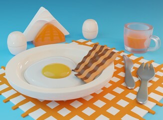 cartoon style food illustration. Breakfast items: scrambled eggs with bacon on the plate, salt and pepper shakers, glass mug with orange juice, napkin holder, fork with knife on tablecloth. 3d render.
