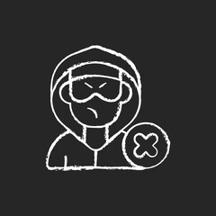 Block or mute harasser chalk white icon on black background. Ban internet troll. Cyberbullying and cyberharassment. Prevent assault. Abuse precaution. Isolated vector chalkboard illustration