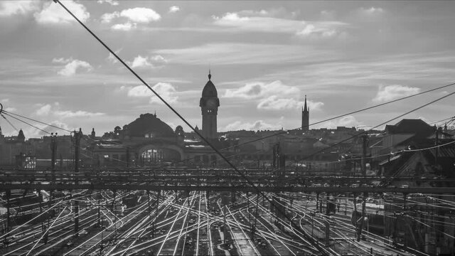 Limoges, France, Winter Train Station in Black and White with train Timelapse