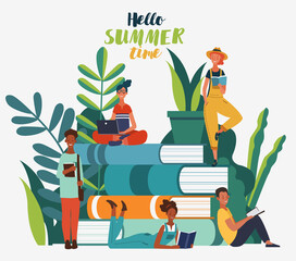 Young people group reading books. Study, learning knowledge and education vector concept
