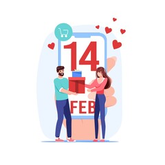 Vector cartoon flat characters couple,Valentine Day online gift,mobile app,greeting card design.Young man gives love present to woman-web online banner,February 14 postcard decor,social media concept