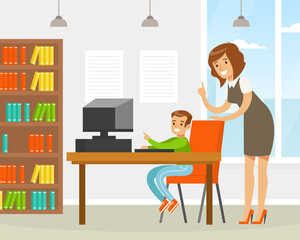 Woman Teacher Helping Elementary School Student in Computer Class, Mother Teaching her Son, Education and Learning Concept Cartoon Vector Illustration