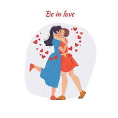 Vector cartoon flat homosexual lesbian characters couple.Young women forever in love,hearts around-saint Valentine Day postcard,greeting card design,web online ad banner decor-emotions,social concept