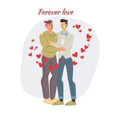 Vector cartoon flat homosexual gay characters couple.Young men people forever love,hearts around-saint Valentine Day postcard,greeting card design,web online ad banner decor-emotions,social concept