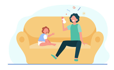 Elder brother nursing cute toddler and smiling. Child, milk, sofa flat vector illustration. Family and relationship concept for banner, website design or landing web page