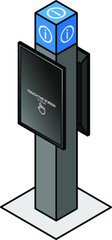 A touchscreen information kiosk. Portrait screens on a post with the international "information" icon; for stand-up use.