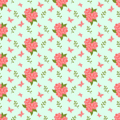 Pink flowers and butterflies pattern. Stylized bouquets of roses and butterflies on a colored background. Vector illustration. For wrapping paper, decoration, fabric and scrapbooking.