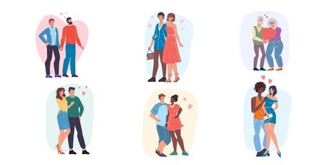Set of vector cartoon flat homosexual heterosexual characters couples.Young people in love on heart background-Valentine Day postcard,greeting card design,web online ad banner decor,social concept
