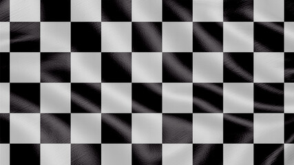 Flag of Checked race black and white square. Realistic waving flag 3D render illustration with highly detailed fabric texture.